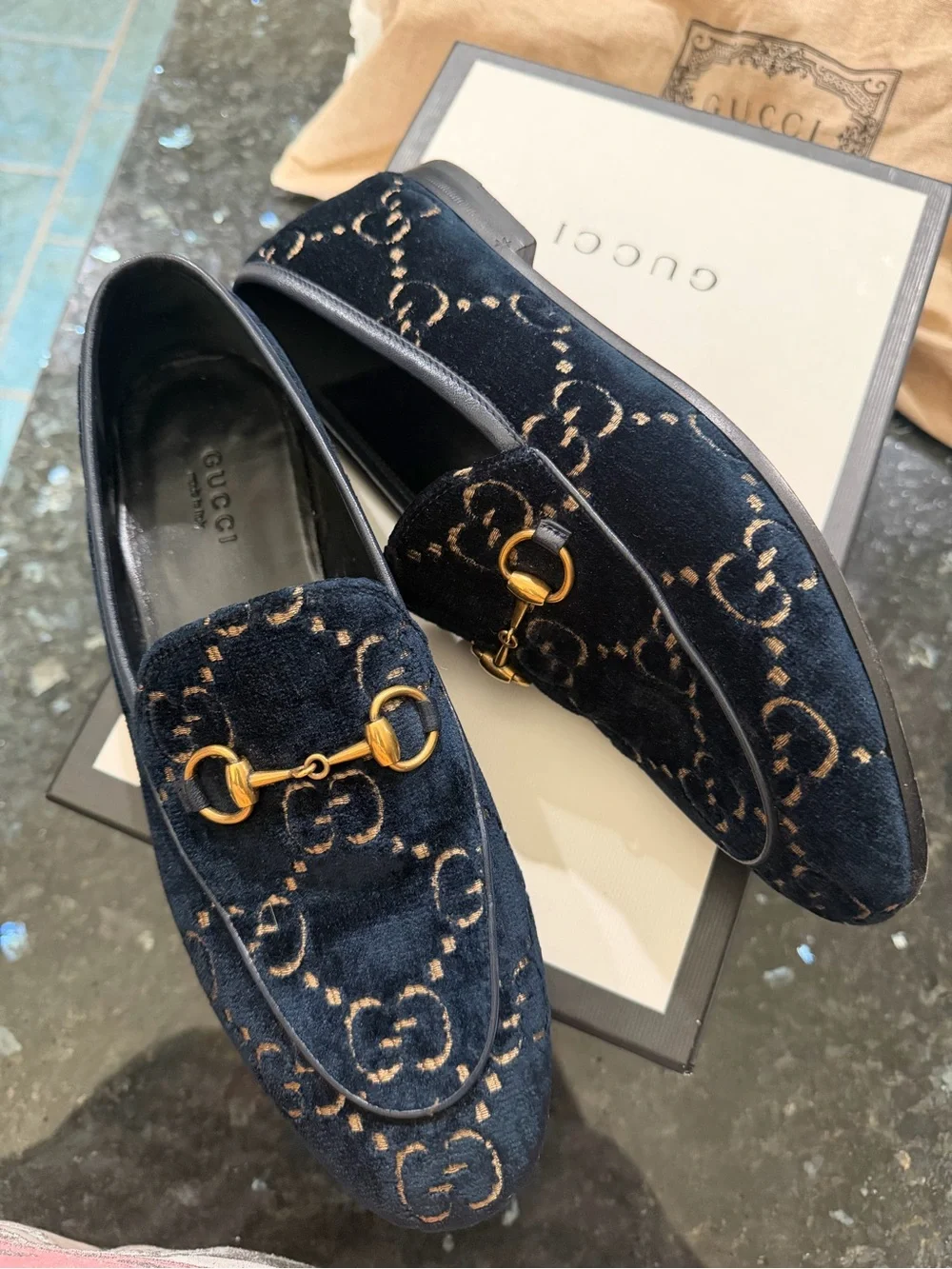 Gucci Women's Jordaan Navy Velvet Horsebit Loafers